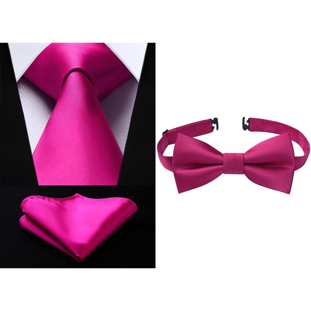 1201 Solid Pink Tie & Kids Bow Tie Pre Tied Classic 3.4" width Necktie